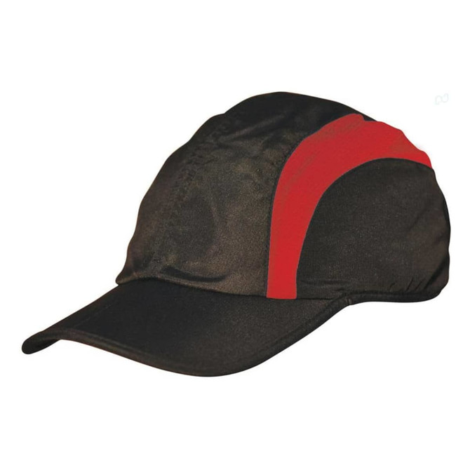 A black and red foldable cap featuring a logo. The cap has a curved brim and a sporty design.