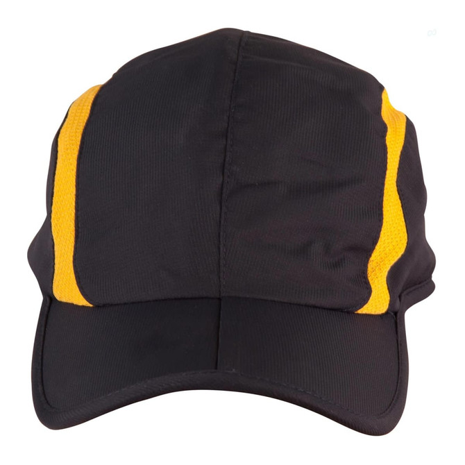 A black cap with yellow stripes and a branding logo, featuring a foldable design.