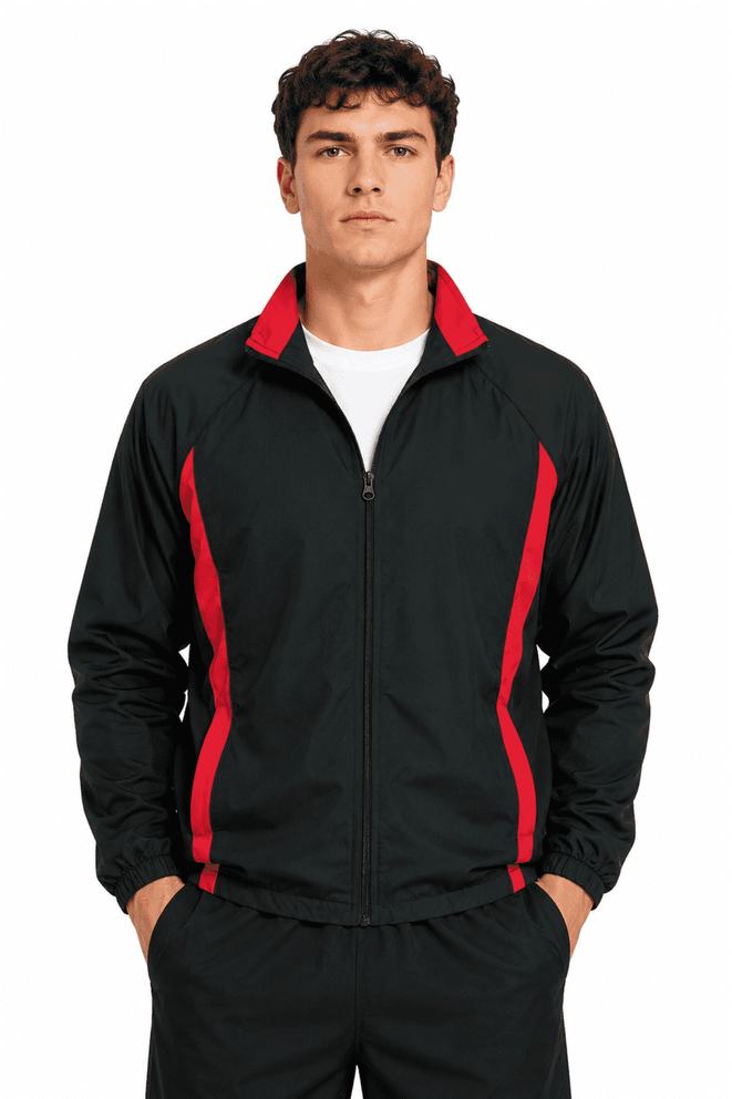 A black track jacket with red stripes, featuring a zip front and a logo on the chest.