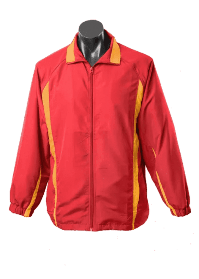 A red track jacket featuring yellow accents, with a front zipper and a logo on the chest.
