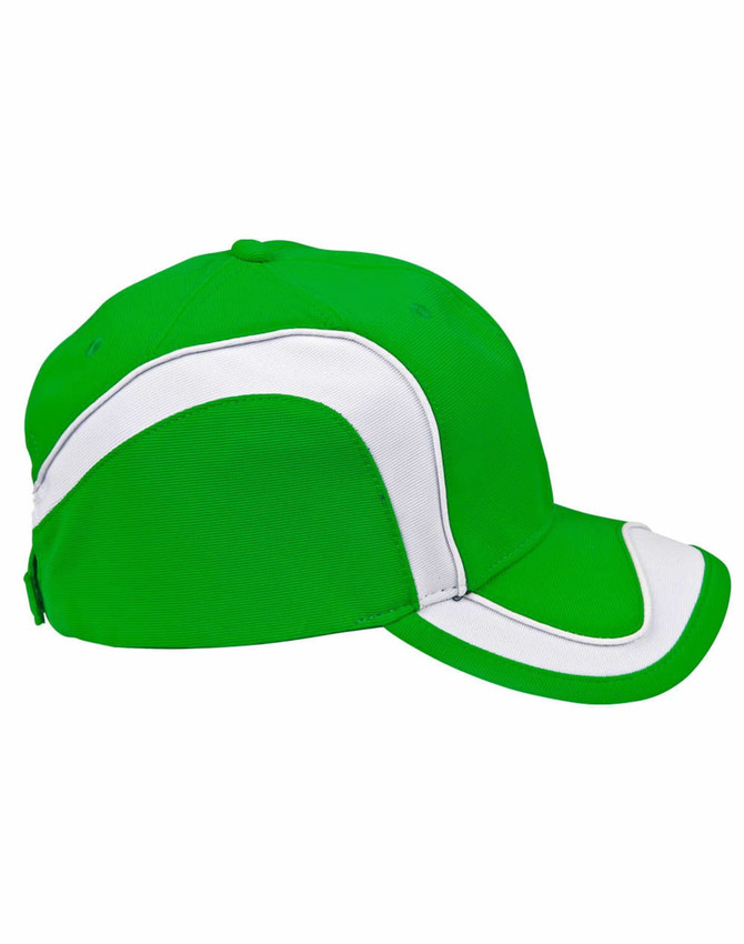 A green cap with white detailing and a logo, featuring a structured design and a curved peak.