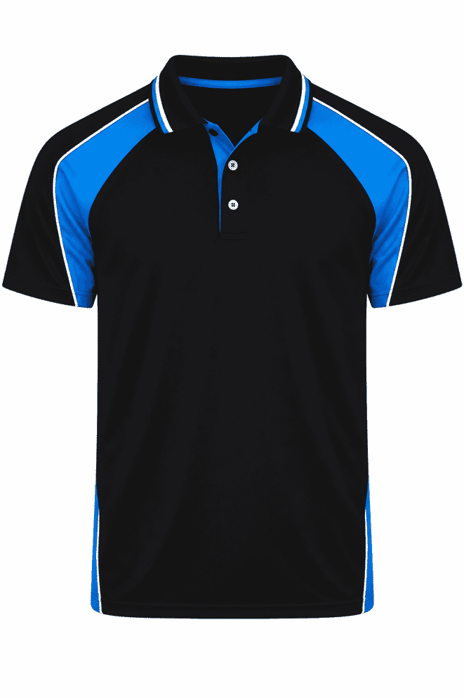 A black polo shirt with blue accents and a logo on the chest. Features a classic collar and button placket.