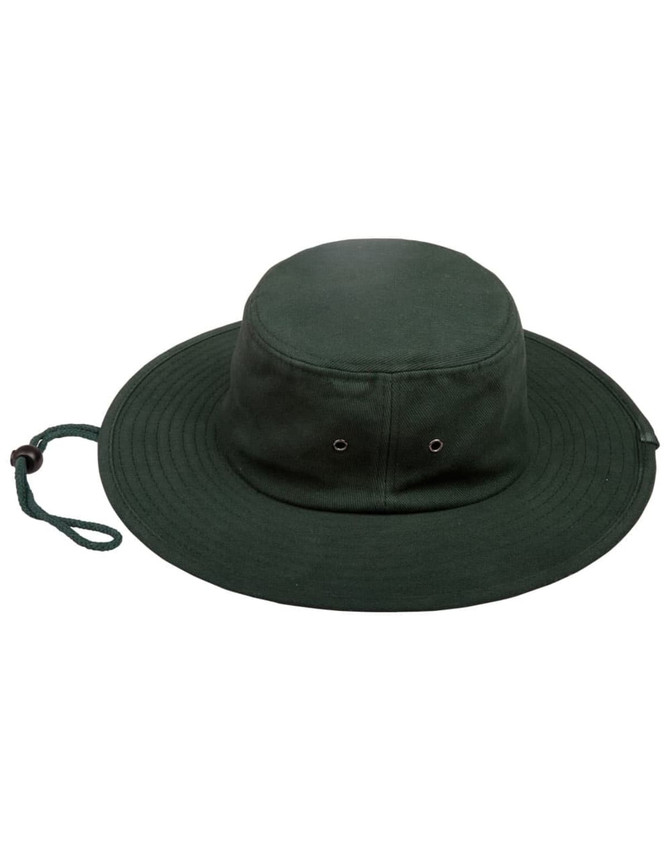 A green brimmed bucket hat with a chin strap and ventilation holes on the sides.