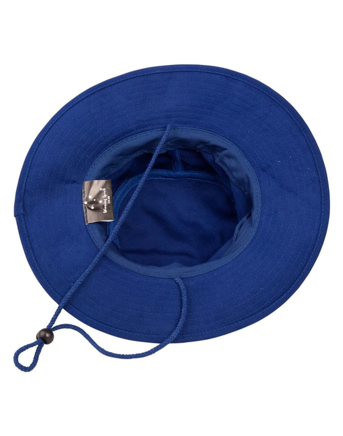 A blue brimmed surf hat with a drawstring and interior lining visible. It features a small logo.