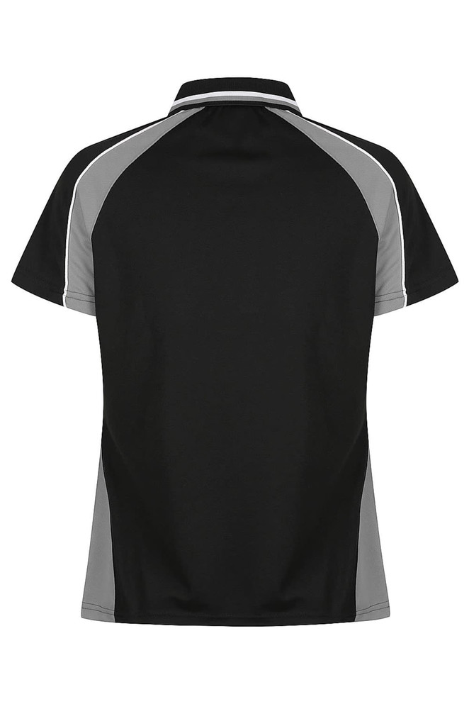 A black polo shirt with grey accents, featuring a classic collar and a logo on the chest area.