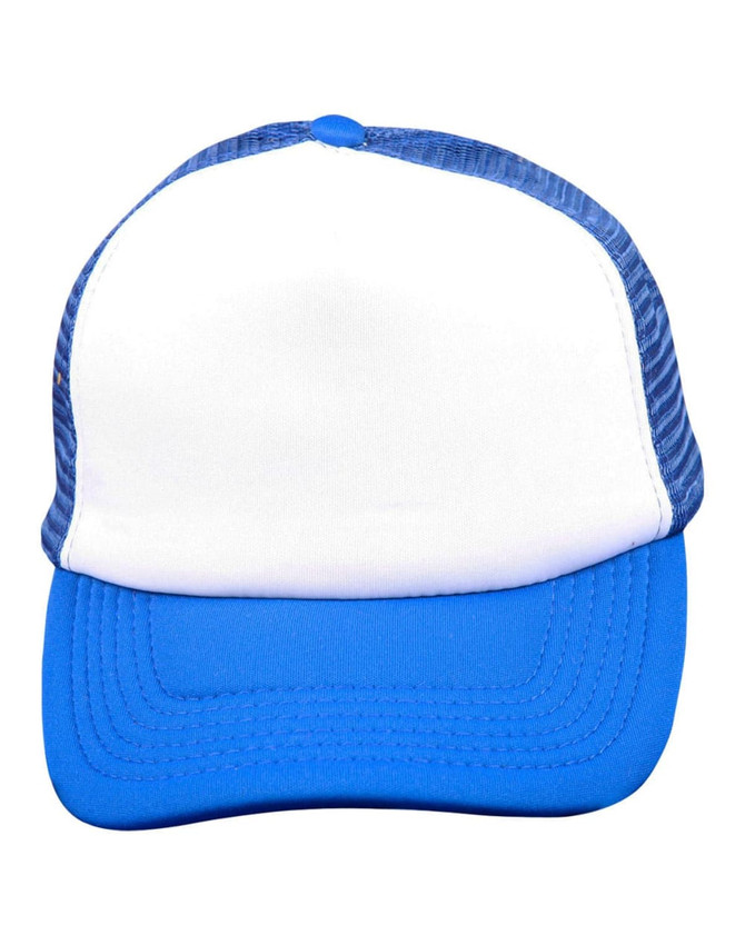A trucker cap featuring a blue visor and white front panel, with a mesh back and a logo on the side.