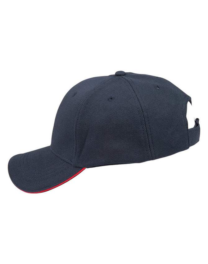 A dark navy cap with a contrasting red trim, featuring a logo on the front.