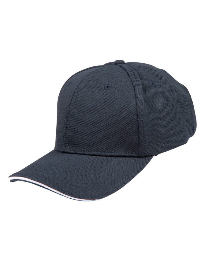 A navy blue cap with a textured mesh design and a contrasting trim. Features a branding logo.