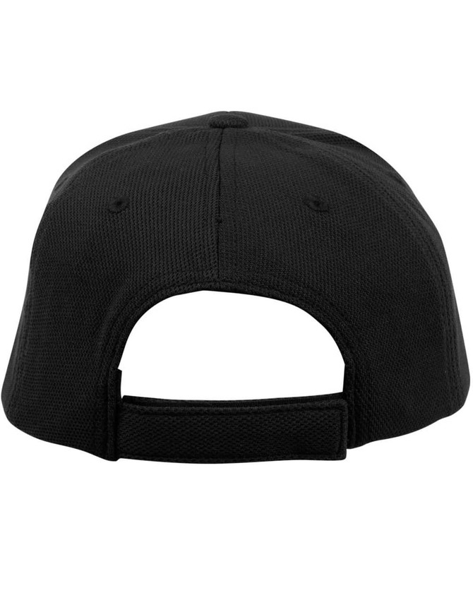 A black pique mesh structured cap featuring a rear adjustable strap and ventilation holes. It includes a small logo.