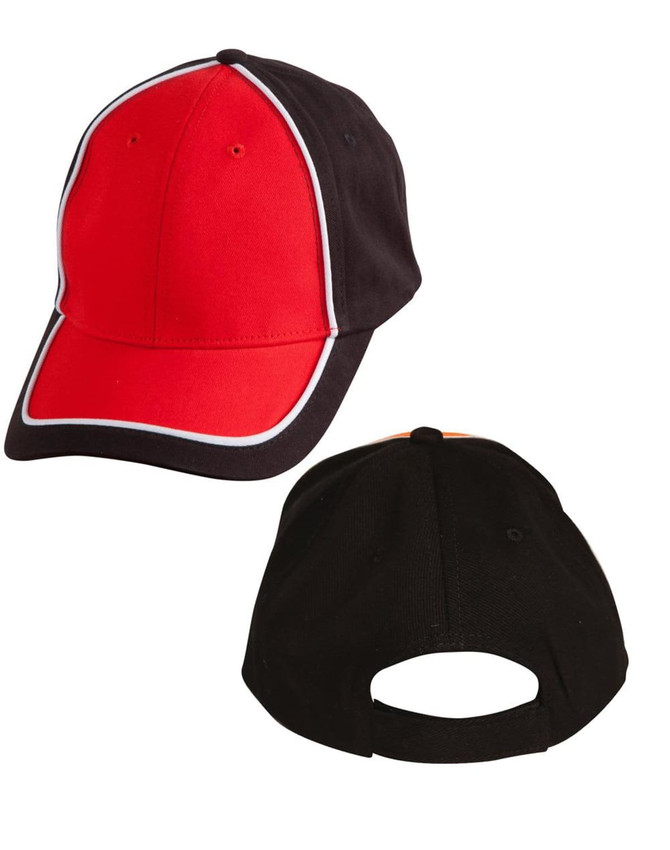 A two-tone cap featuring red and black colours with contrasting white piping and an adjustable back strap.