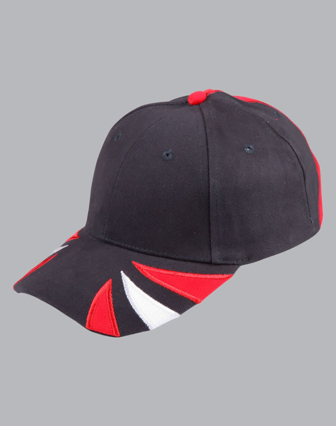 A tri-colour cap featuring navy, red, and white panels, with a logo on the front and a curved brim.