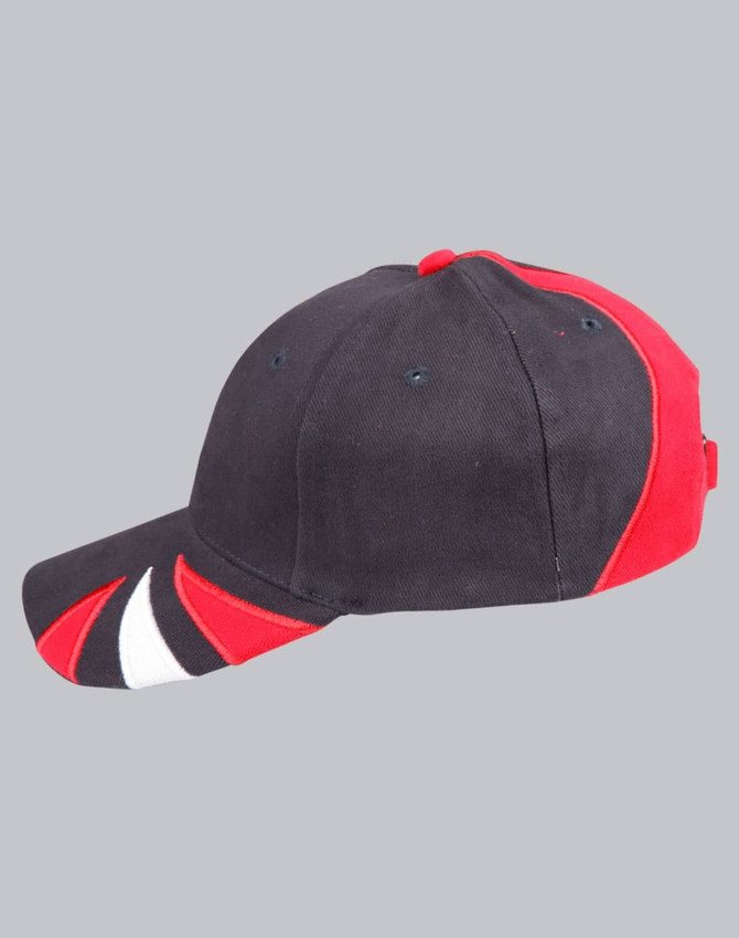 A tri-colour cap featuring black, red, and white panels with a logo. Designed for casual headwear.