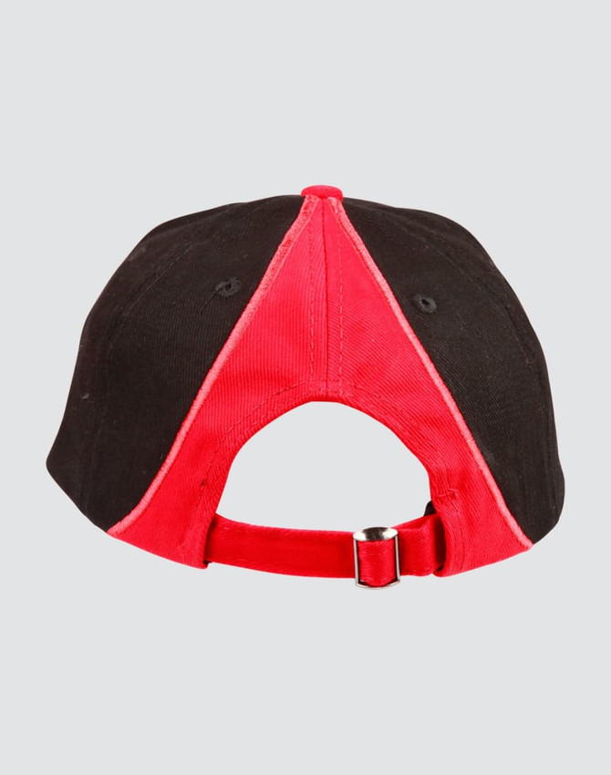 A cap featuring a tri-colour design with black and red panels, and an adjustable strap at the back.