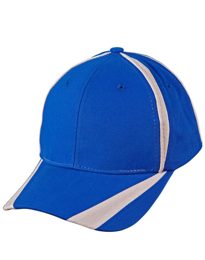 A blue brushed cotton twill baseball cap with white contrast detailing and a logo on the front.