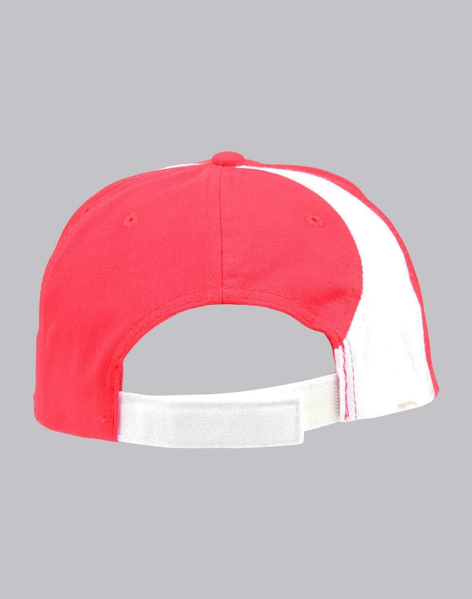 A red and white baseball cap with an adjustable strap and a logo on the back.