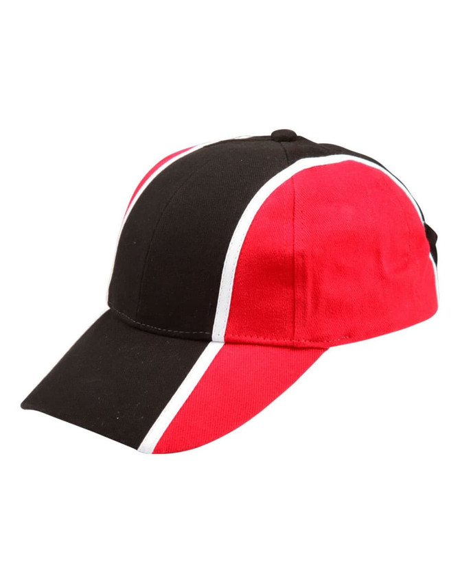 A tri-colour baseball cap featuring black, red, and white panels. Includes a logo on the front.
