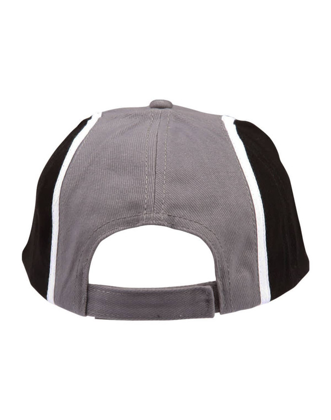 A tri-colour baseball cap featuring grey, black, and white panels, with an adjustable strap at the back and a logo.