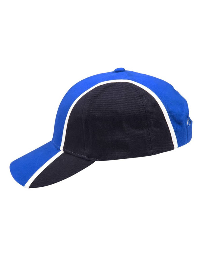 A tri-colour baseball cap featuring blue, black, and white panels, with a curved visor and a logo.