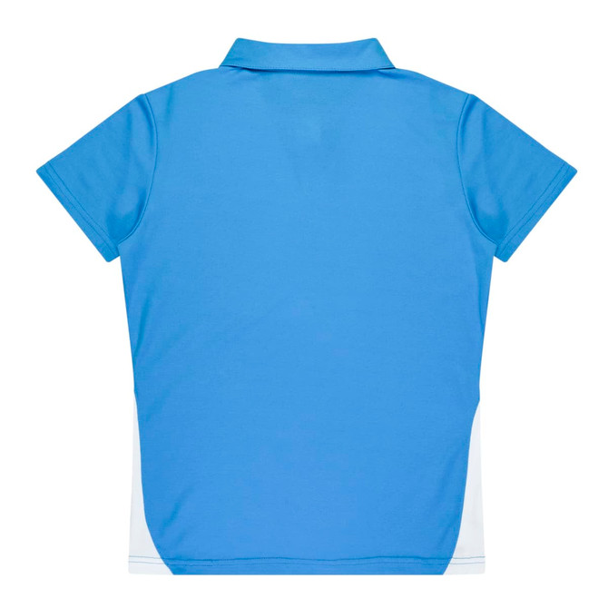 A blue polo shirt with short sleeves and a white side panel, featuring a collar and an unseen logo.