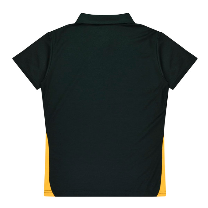 A green polo shirt with yellow side panels and a classic collar, featuring a logo on the back.