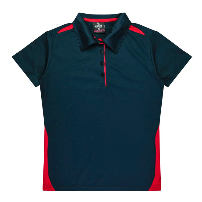 A navy blue polo shirt with red accents and a collar, featuring buttons and a brand logo.