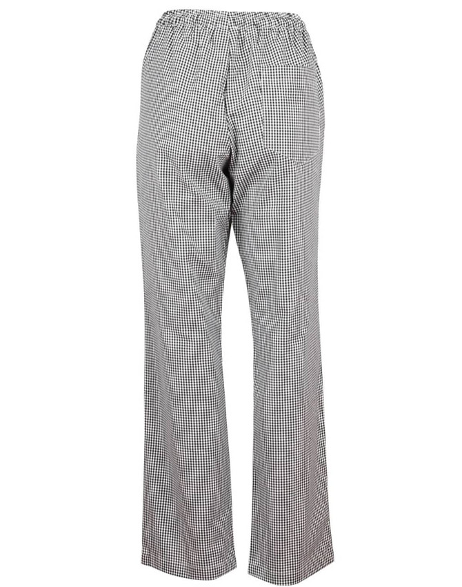 Black and white checkered chef's pants with an elastic waistband, viewed from the back. Features a logo.