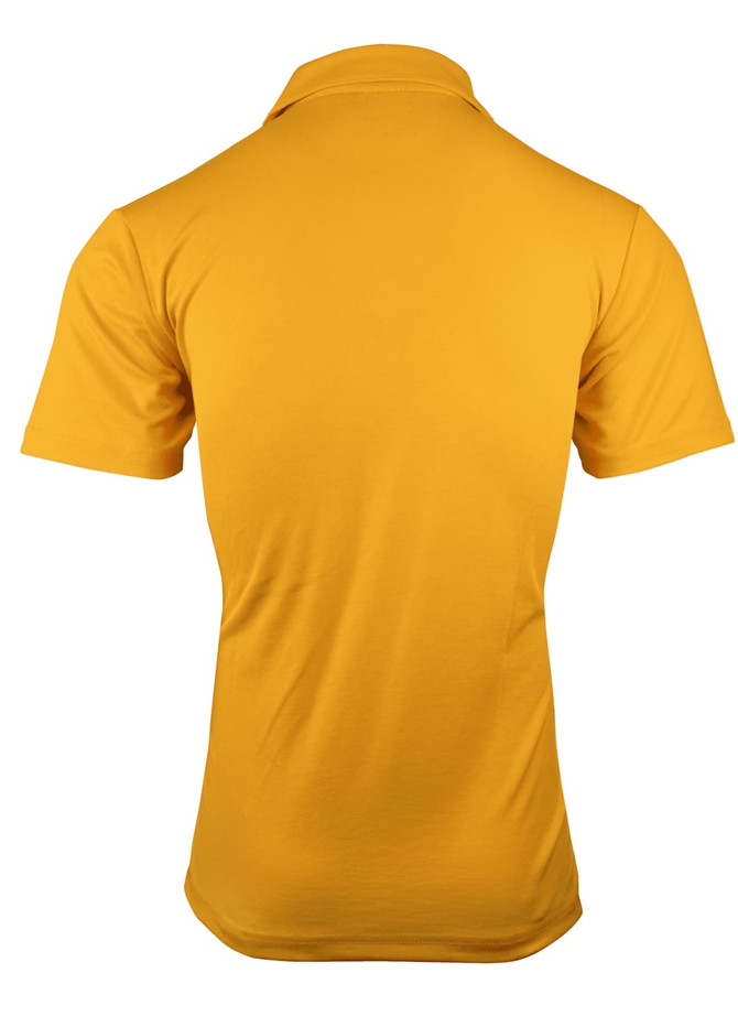 A yellow polo shirt with a classic collar and short sleeves, featuring a logo on the back.