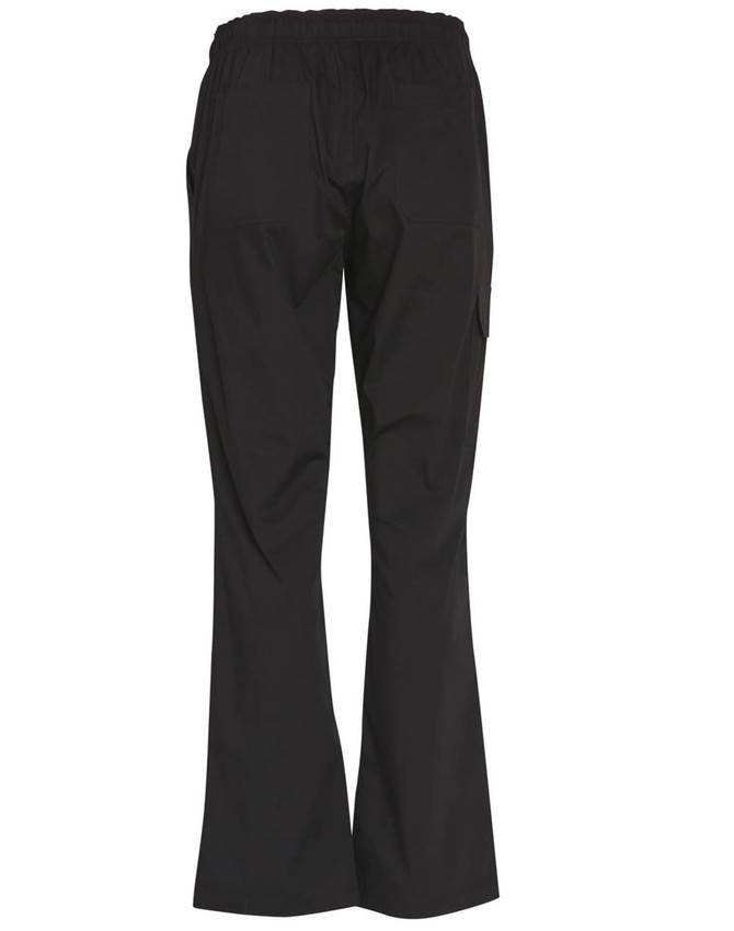 Black functional chef pants with a relaxed fit and pockets, featuring an elastic waistband. The back view is displayed.