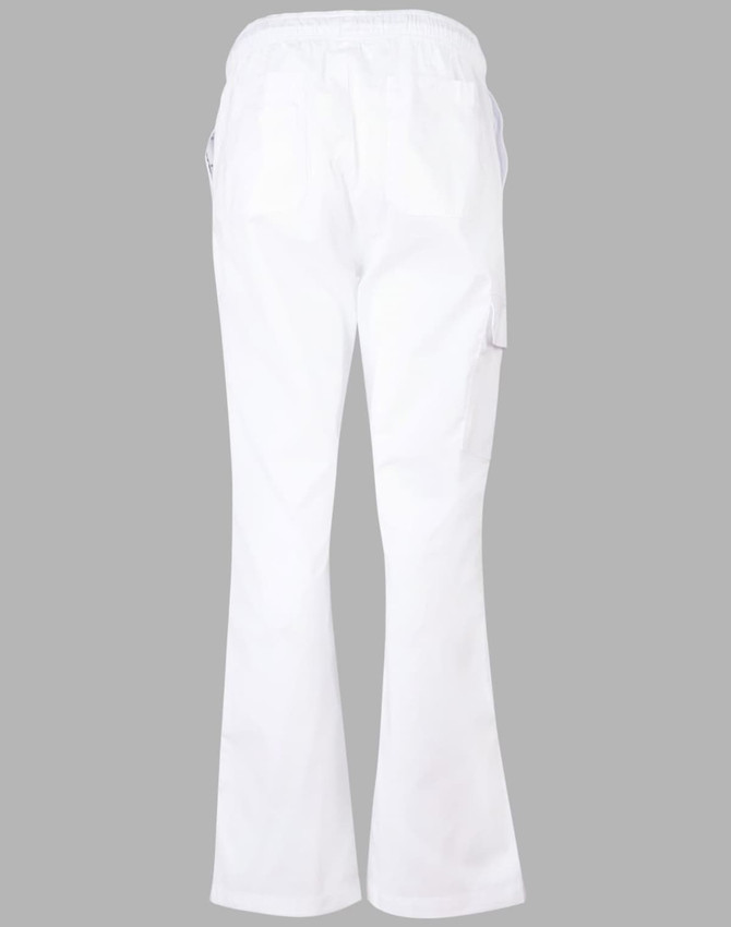 White ladies' chef pants with a flared bottom, featuring a back view and pockets. Includes a logo.