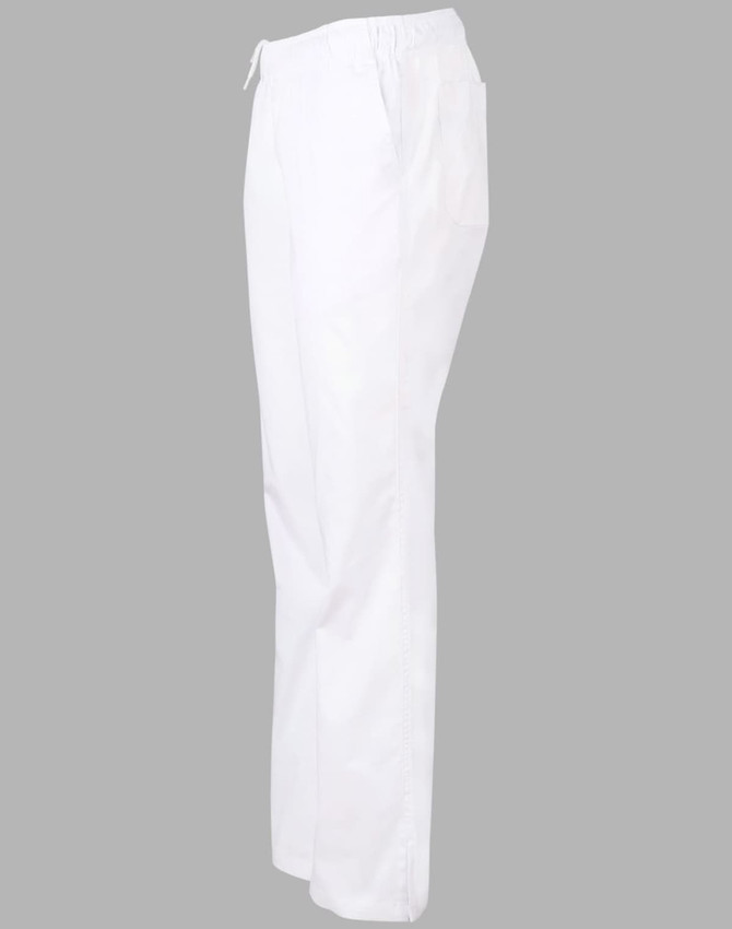 White chef pants with a relaxed fit, featuring an elastic waistband and side pockets.