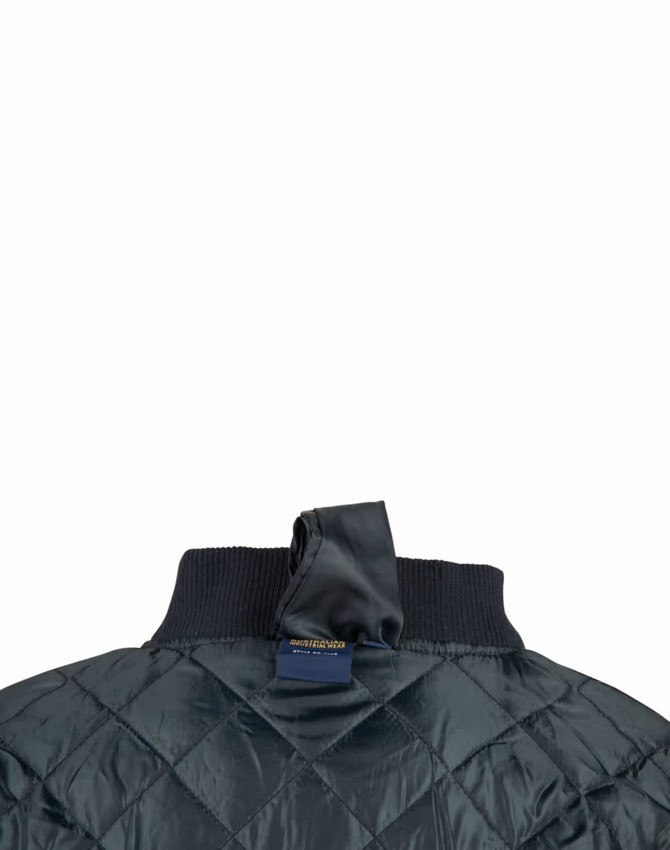 A dark green soft shell jacket with a quilted design and a ribbed collar, featuring a hanging loop at the back.