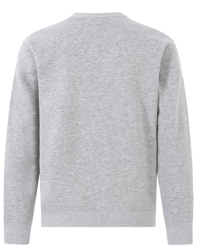 A grey crew fleece jumper featuring a plain back design and a logo.