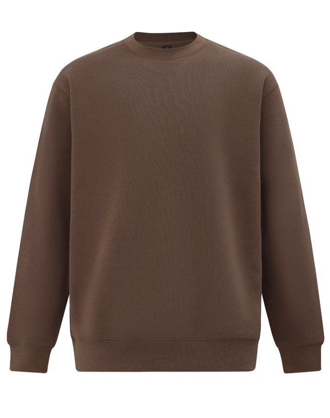 A brown crewneck sweatshirt with long sleeves and ribbed cuffs, featuring a logo on the front.