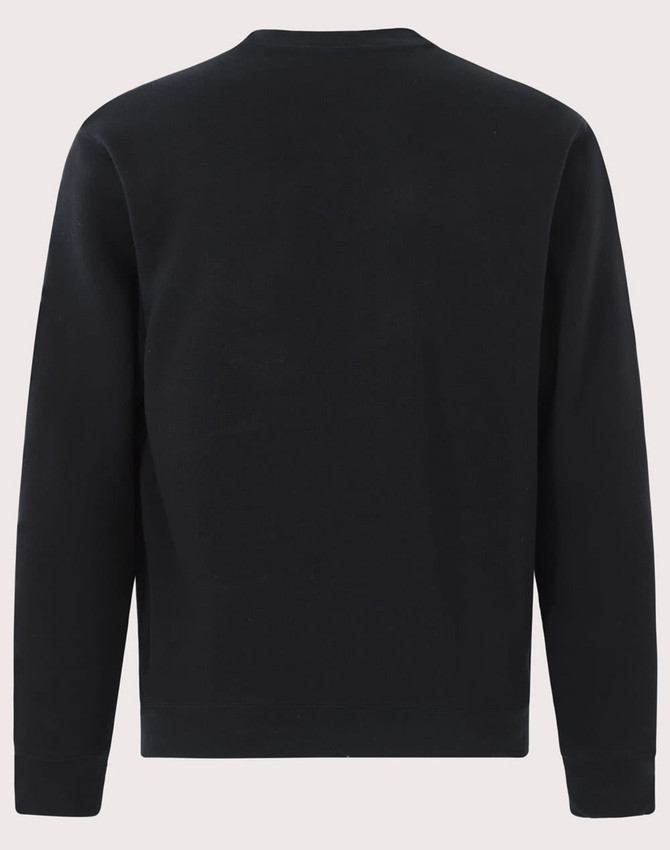 A black kids' crew neck fleecy sweater with long sleeves and a simple design. It features a logo on the garment.