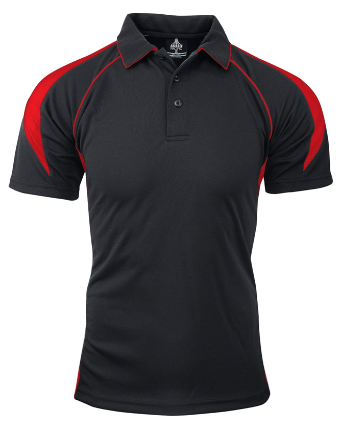 A black polo shirt with red accents and a logo. Features a collared neck and short sleeves.