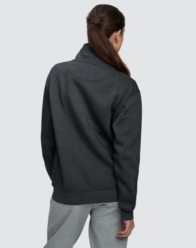 A dark grey 1/2 zip collar fleecy sweatshirt with a relaxed fit, featuring a logo on the back.