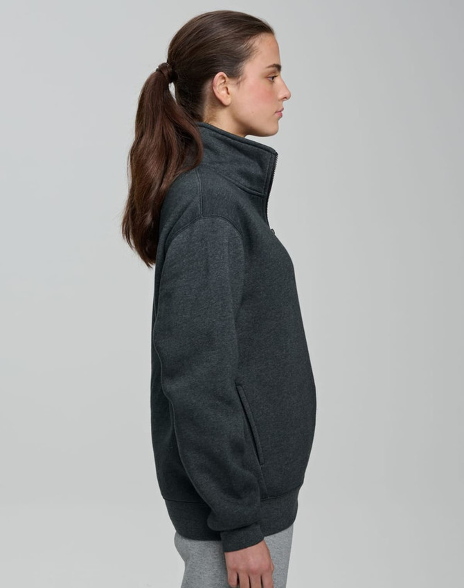 A side view of a dark grey half-zip collar polar fleece jumper with a logo.