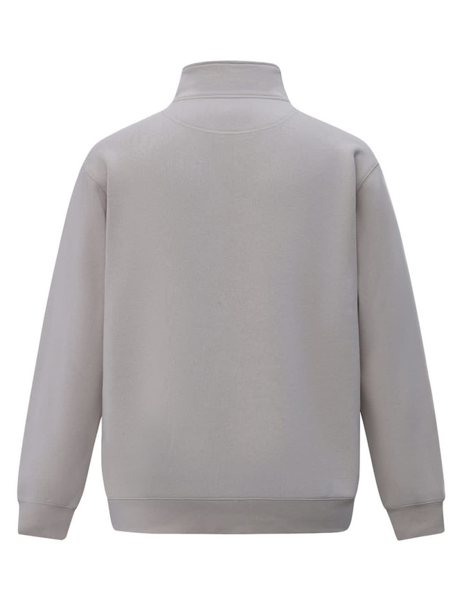 A polar fleece jumper in a light grey shade with a half zip collar and long sleeves. Features a logo on the back.
