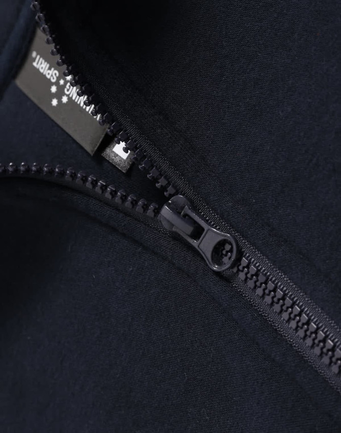 A navy blue 1/2 zip collar fleecy jumper featuring a zipper and a tag, designed for warmth and comfort.