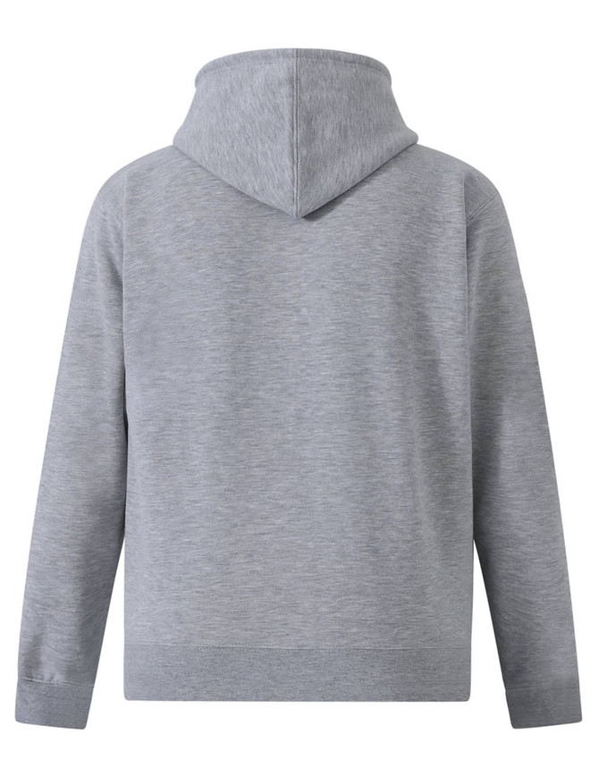 A grey men's full-zip fleecy hoodie with a hood and long sleeves, featuring a logo.