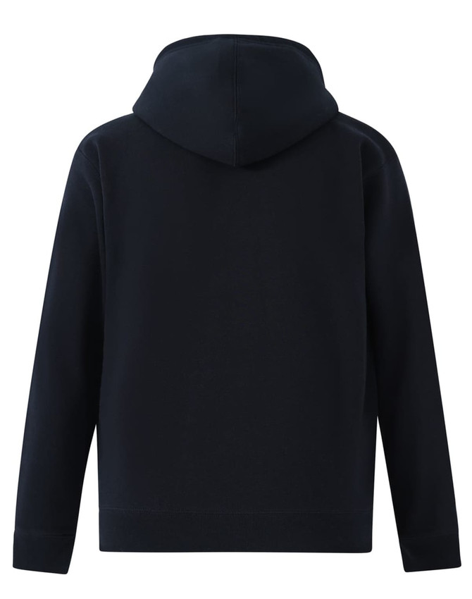 A men's full-zip fleecy hoodie in navy blue, featuring a hood and long sleeves, with a logo on the back.