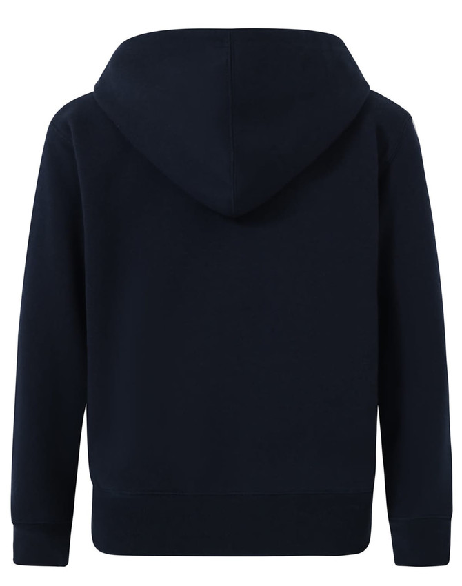 A navy full-zip fleecy hoodie with a hood, featuring long sleeves and a solid design.