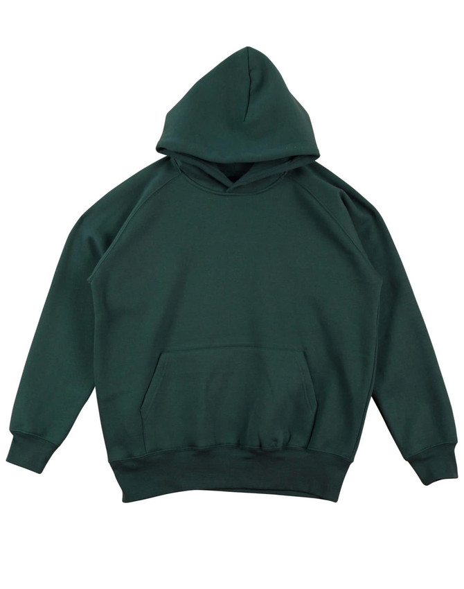A green kids' fleece hoodie featuring a front pocket and a hood, with a logo on one side.
