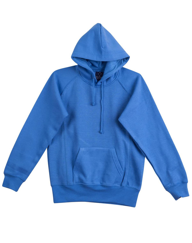 A blue fleece hoodie featuring a front pocket and a hood. It has a logo on the label.