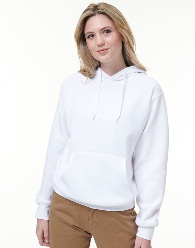 A white adult's close front contrast fleecy hoodie with a kangaroo pocket and a drawstring hood.