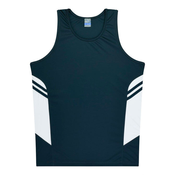 A black and white singlet featuring contrast stripes and a branded label. Suitable for kids.