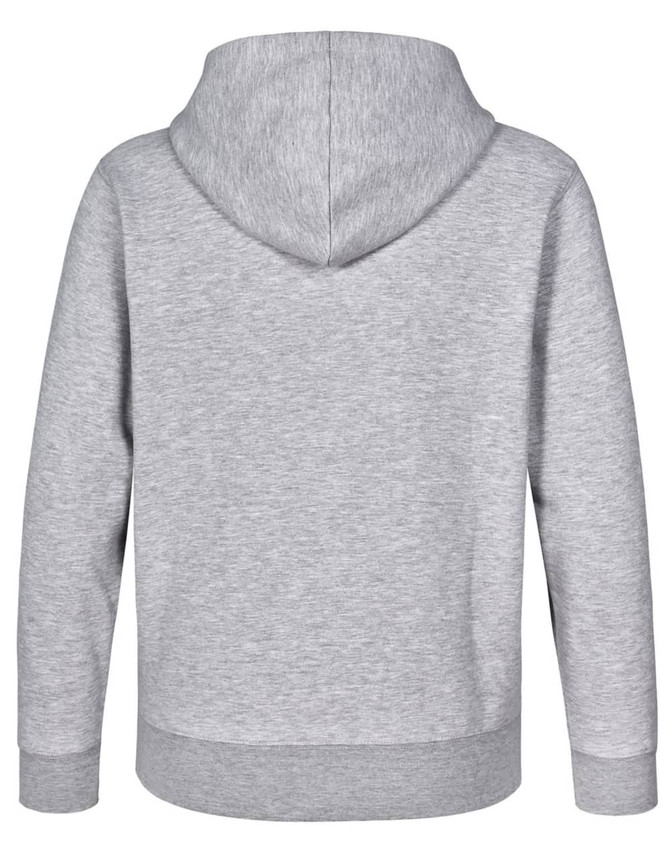A grey hoodie featuring a close front and a hood, showcasing a simple back view. Includes a logo.