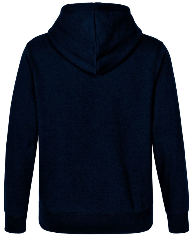 A dark navy hoodie with a front pocket and a contrasting hood. Includes a logo on the garment.