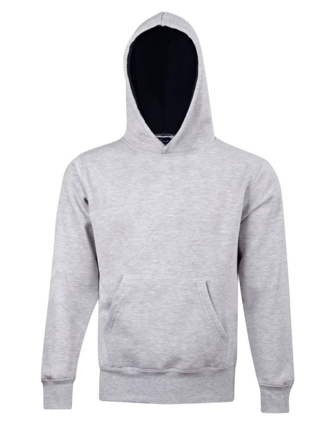A grey kids' hoodie with a front pocket and a contrast black inside hood. It features a logo.