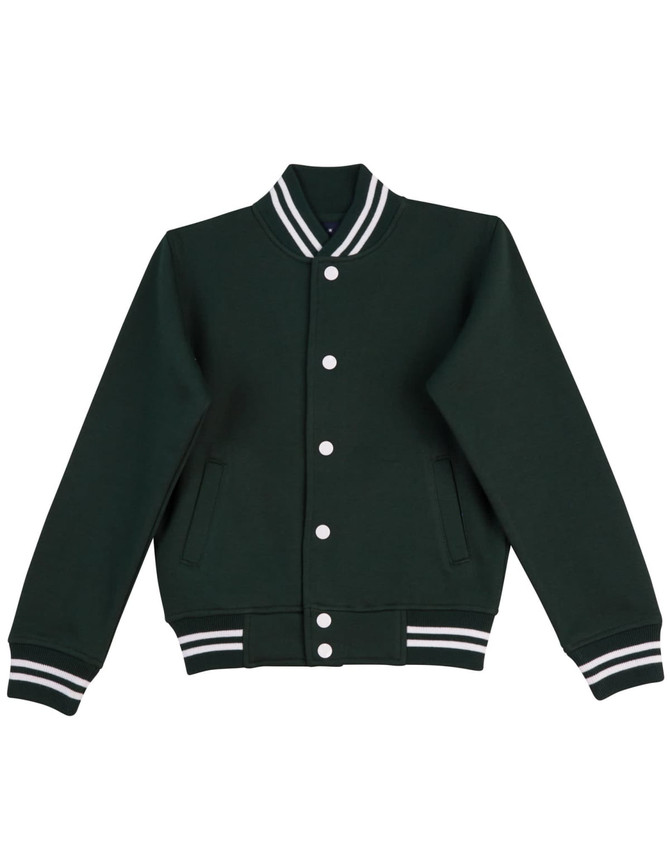 A green varsity jacket featuring a ribbed collar, button closure, and striped cuffs. It has side pockets and a logo.